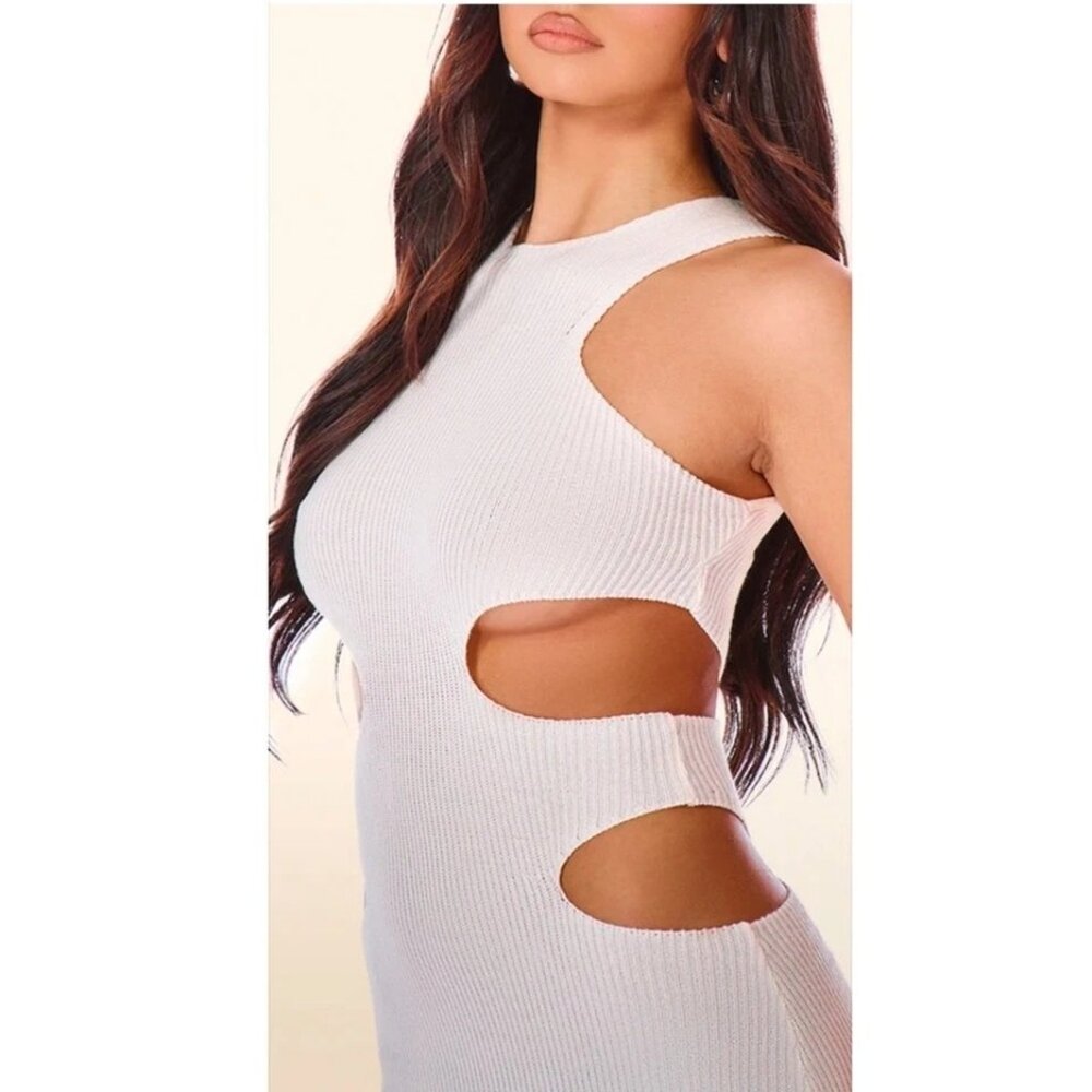 Prettylittlething Cream Knitted Cut Out Racer Neck Maxi Dress - Size Large - Picture 6 of 8